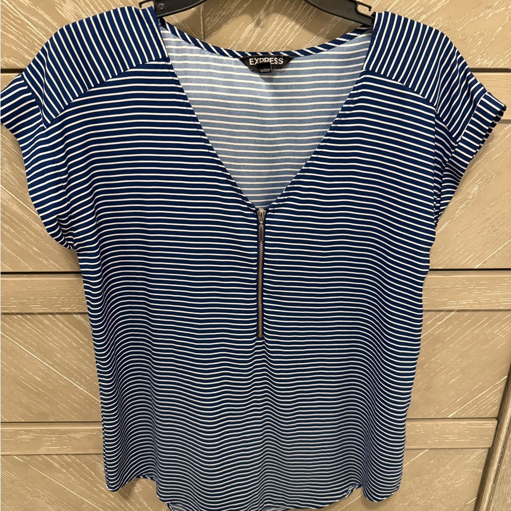 Express Blue & White Striped V-Neck Zip Short Sleeve Tee
